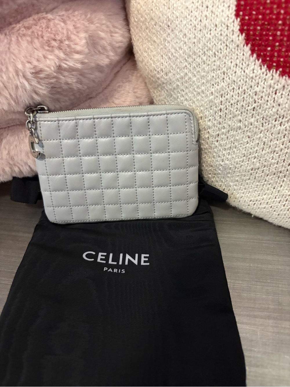Celine Light Gray Quilted Leather Zip Wallet